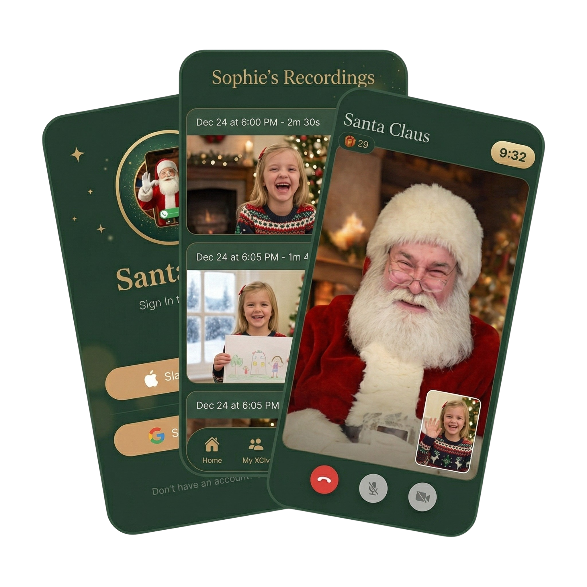 Real Santa App - Video calls with Santa showing recordings, live call, and login screens